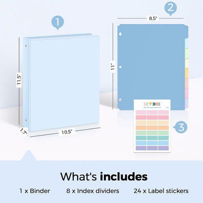 SKYDUE 1 Inch 3 Ring Binder with 8 Tab Dividers & 24 Labels, Pastel Binder Organizer for Letter Size Paper, Aesthetic School Binder for Notes, Documents, Office & Home Organization, Purple