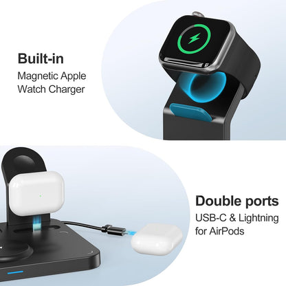 ANJANK Wireless Charging Station,5 in 1 Multiple Charger Stand with Alarm Clock,7 Night Light,Magnetic Charging Dock for iPhone 18 17 16 15 14 13 Pro Max Plus,Apple Watch 11/10/9/8,for Airpods,Bedroom