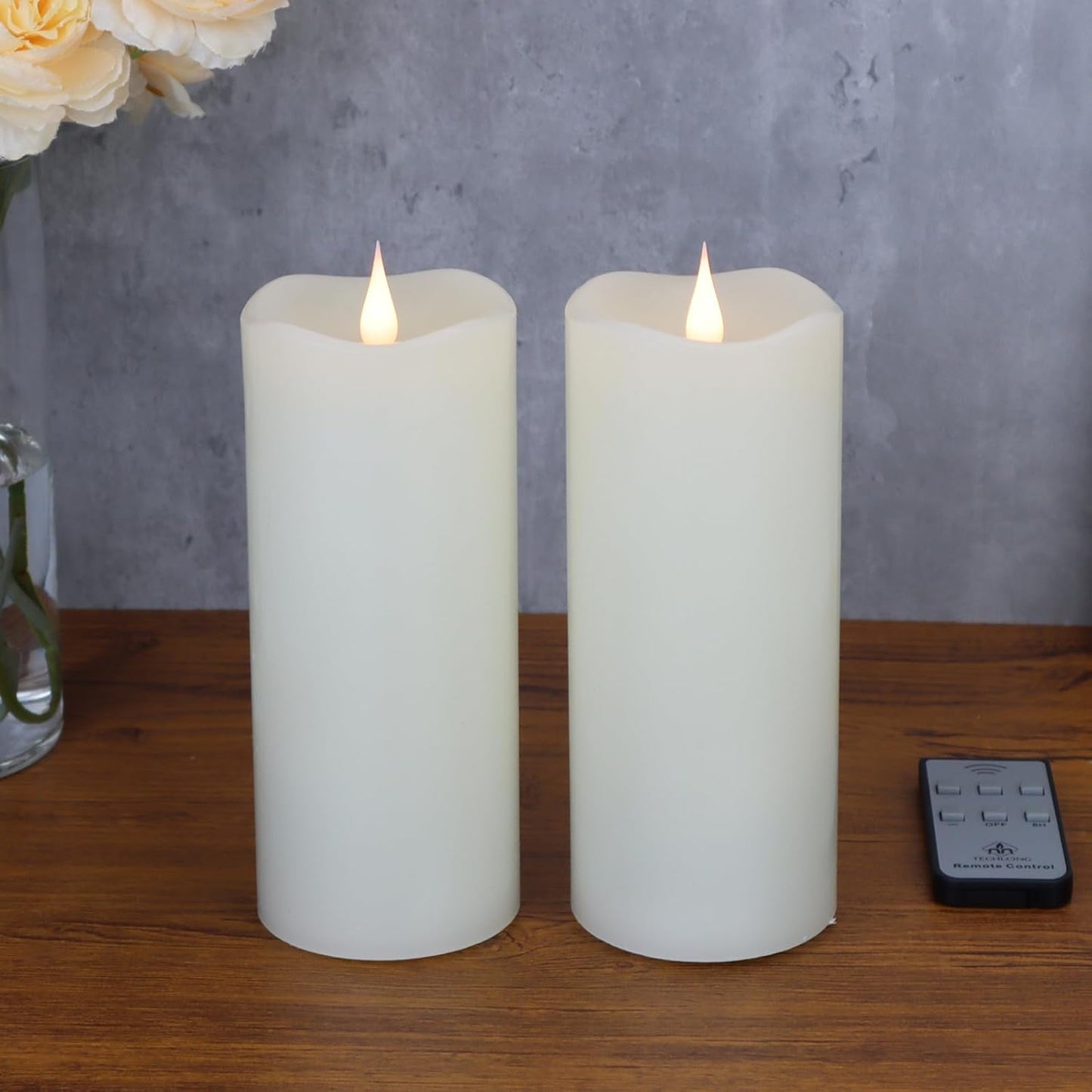 TECHLONG Flickering Flameless Candles with 3D Moving Flame, Last 1000+ Hours Battery Operated Candles with Timer, Ivory Real Wax Pillar Electric LED Candle for Wedding Christmas Party/3" x 5"