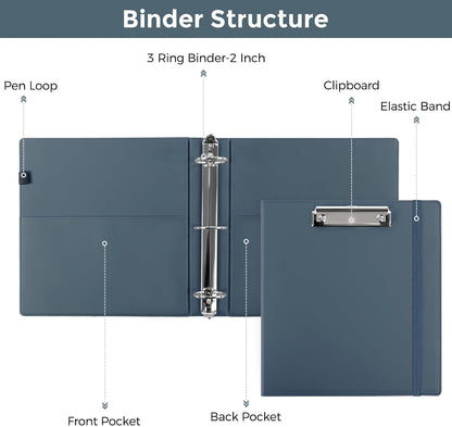 SKYDUE 3 Ring Binder with Clipboard, 13.2" × 10.2" Faux Leather 1 Inch Binder Organizer with 5 Pocket Dividers, Notepad, Labels & 2 Storage Pockets for Teachers, Students, Nurses & Office Work