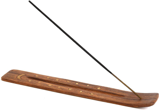 Wooden Incense Holder for Sticks with Inlays of Brass Crescent Moon 10 inches Long