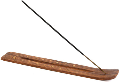 Wooden Incense Holder for Sticks with Inlays of Brass Crescent Moon 10 inches Long