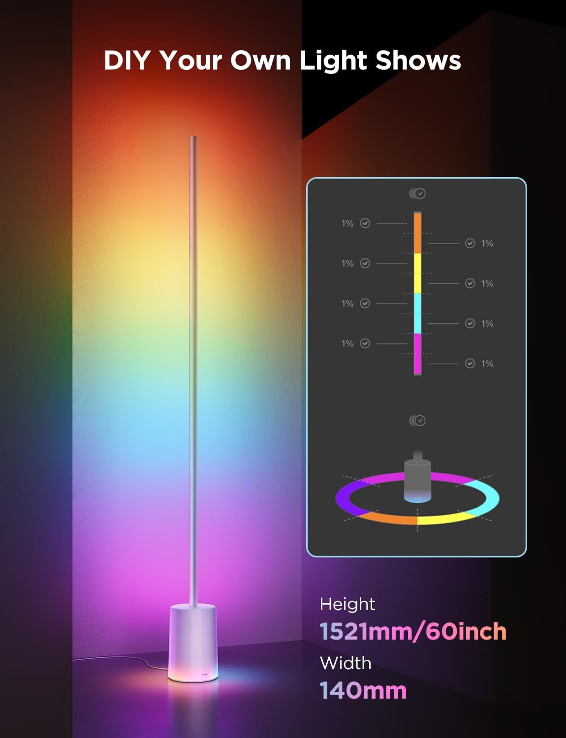 Govee Floor Lamp 2, RGBIC, Warm Cool White LED, Compatible with SmartThings, Matter, Alexa, 1725lm, Music Sync, Scene Modes, Smart Floor Lamp for Living Room, Bedroom, Black(1 Pack)