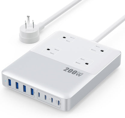 12-in-1 Charging Station USB C Power Strip with 5ft Cord and Plug,200W GaN IV USB C Charger Block,4 AC Outlets,8 USB for MacBook,iPhone 17/16/15,Fast Charging Desktop Charger for Office,Home