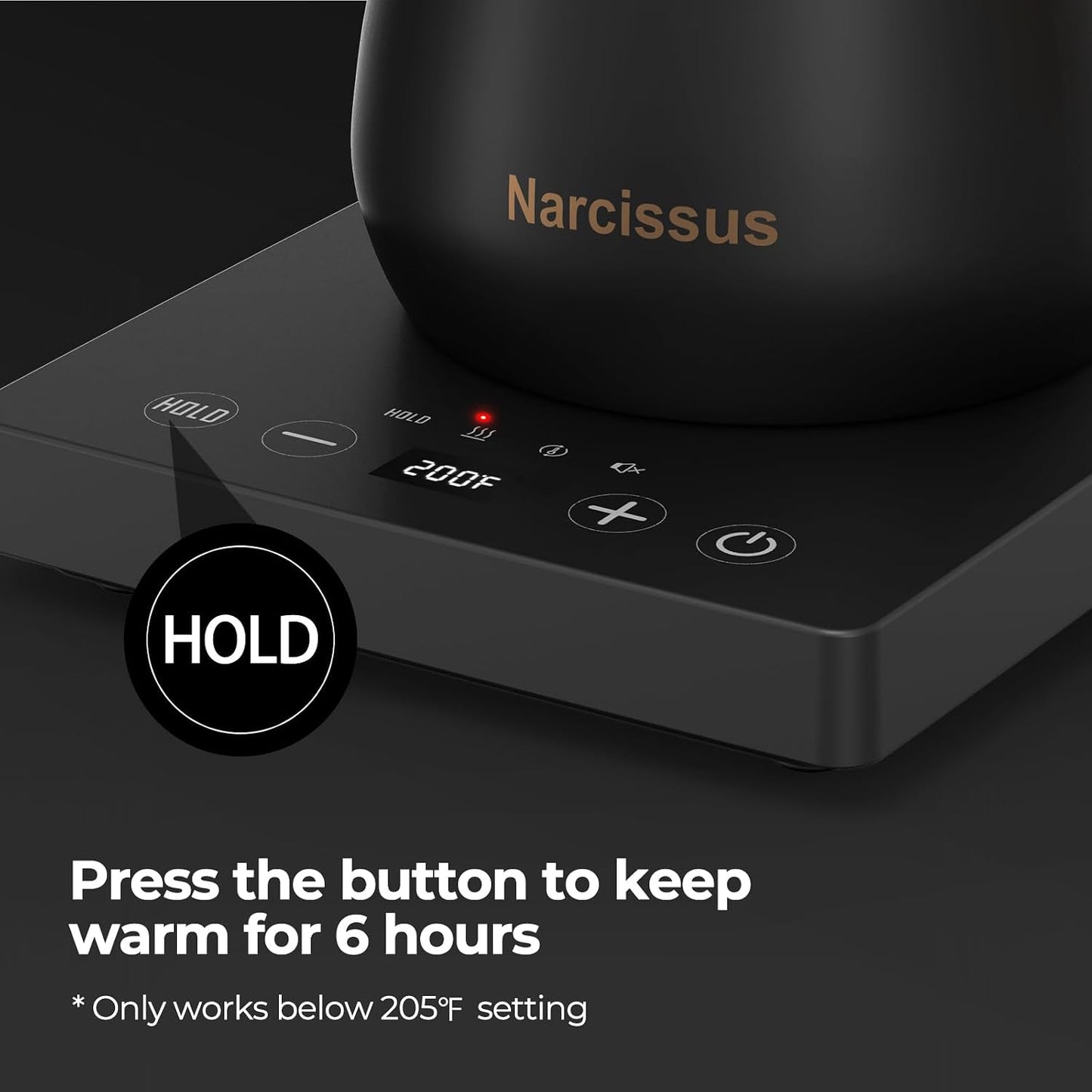 Narcissus P901 Gooseneck Electric Kettle with ±1℉ Temperature Control Function, 1200 Watt Rapid Boiling in 5 Mins, Max 6 Hours Keeping Warm, 304 Stainless Steel Interior, BPA Free, Black