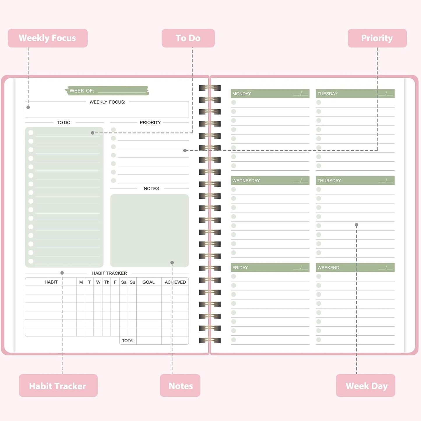 Undated Weekly Planner, Weekly To Do List Notebook, A5 Daily Planner | Office School Supplies, Spiral Binding, Inner Pocket, Goal, Organizer, Habit Tracker