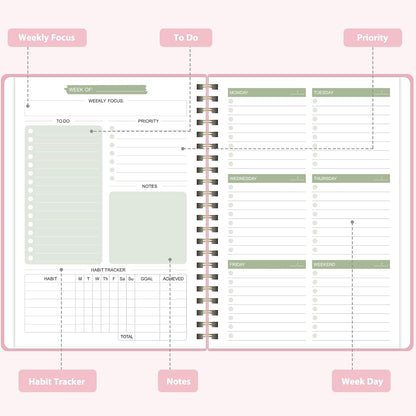 Undated Weekly Planner, Weekly To Do List Notebook, A5 Daily Planner | Office School Supplies, Spiral Binding, Inner Pocket, Goal, Organizer, Habit Tracker