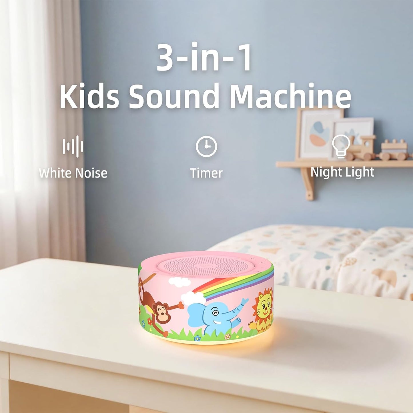Kipcush White Noise Machine for Baby & Adults, 30 Soothing Sounds, Soft Non-Glare Nursery Lamp, 8 Color Night Lights, Memory Function (Angel V1 White, Standard)