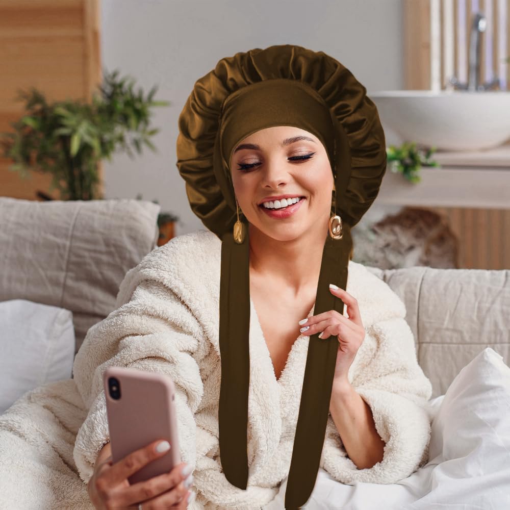 VECIIR Silk Bonnet for Sleeping Women, Ajustable Hair Bonnet for Curly Hairs Satin Bonnet Reduce Friction Prevent Frizz Black，Large