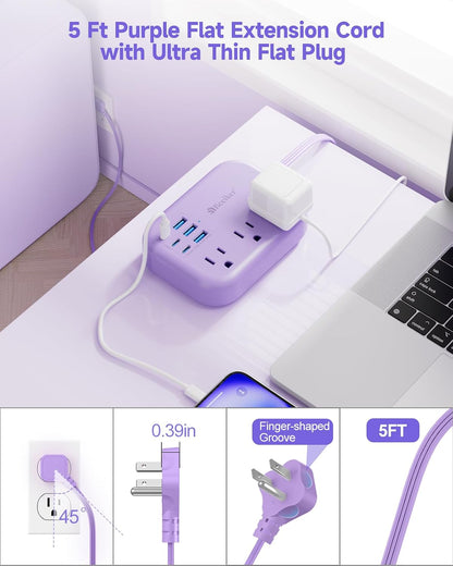 6 USB(3 USB C) Power Strip- Travel Power Strip with 6 USB Desktop Charging Station 24W/4.8A and 3 Outlets, 5Ft Flat Plug Braided Extension Cord, Non Surge Protector for Cruise Ship Travel Office Dorm
