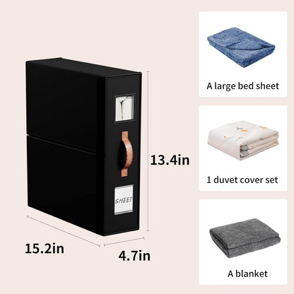 EE-RoomWorld Bed Sheet Storage Organizers，Premium Fabric Closet Organizer with Clear View Window, Space-Saving Foldable Design for Queen/King Size Bedsheets, Blankets & Duvet Covers