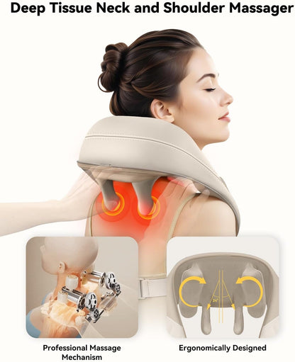 Snailax Cordless Neck Massager with Heat for Pain Relief Deep Tissue, 4D Kneading,Rechargeable Shiatsu Back Neck Massager for Neck, Shoulders Back，Gift for Father