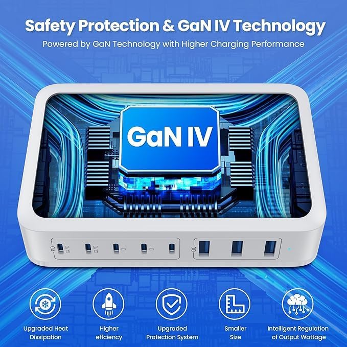 USB C Charger 200W USB C Charger Block,Upgraded GaN III 8-Port Fast Charging Station Hub,PD 65W Laptop Charging Adapter Compatible with MacBook Pro/Air,DELL,Steam Deck,iPhone 16/15/14,Galaxy S23/22