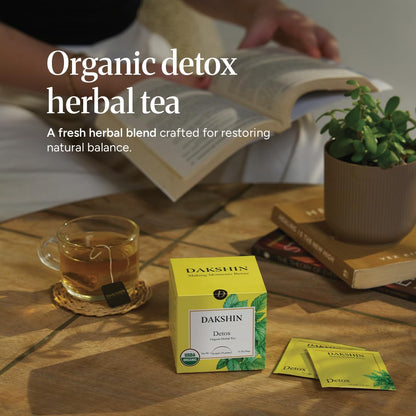 DAKSHIN Organic Detox Tea Bags | Lemongrass, Tulsi, Echinacea, Dandelion & Ginger | Naturally Cleansing Daily Wellness Tea | Caffeine-Free | USDA Organic | 16 Tea Bags