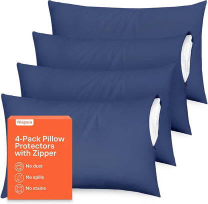Ultra Soft Pillow Protectors with Zipper Standard Size - Set of 8 Breathable Pillow Covers - 100% Protection Against Stains, Dust & Dirt - Machine Washable (White)