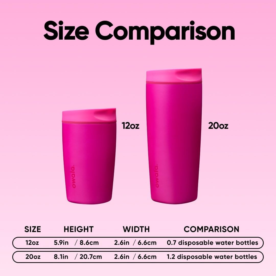 Owala SmoothSip Slider Insulated Stainless Steel Coffee Tumbler, Reusable Iced Coffee Cup, Hot Coffee Travel Mug, BPA Free 12 oz, Pink (Pucker Up)