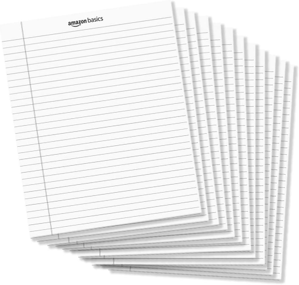 Amazon Basics Wide Ruled Lined Writing Note Pads for Office Supplies, 8.5" x 11.75", White, 12-Pack of 50 Perforated Sheets