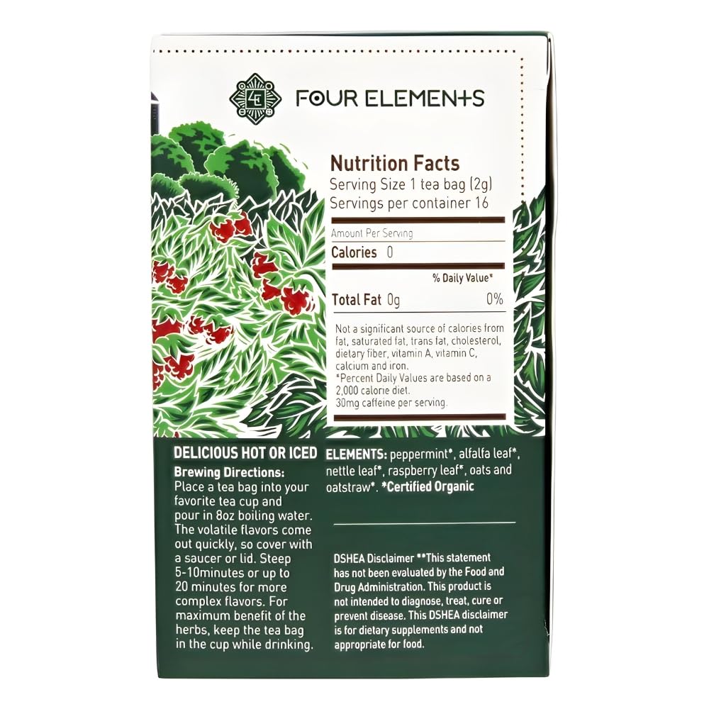 Four Elements 4E Peppermint Nettle Tea, Blended with Peppermint, Raspberry Leaf and Nettles, 100% Organic Herbal Tea, 16 Teabags, 1.2 OZ