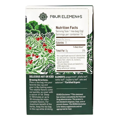 Four Elements 4E Peppermint Nettle Tea, Blended with Peppermint, Raspberry Leaf and Nettles, 100% Organic Herbal Tea, 16 Teabags, 1.2 OZ