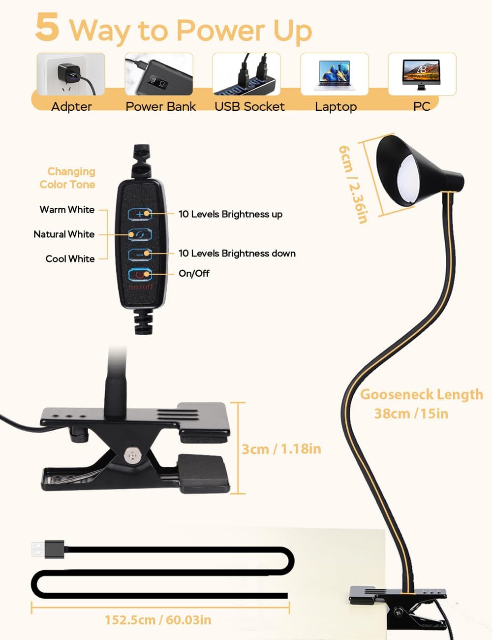 LiFMIRA Clip on Light USB Reading Light Desk Lamp 3 Color Modes Black