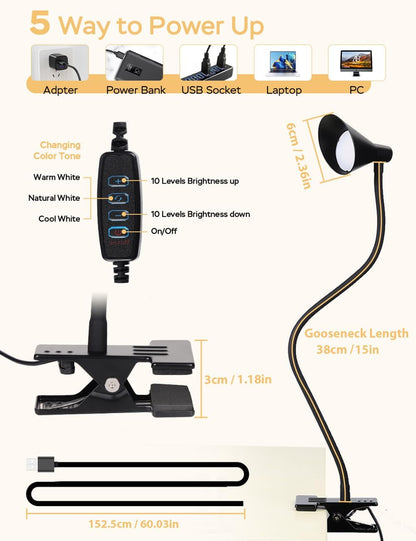 LiFMIRA Clip on Light USB Reading Light Desk Lamp 3 Color Modes Black