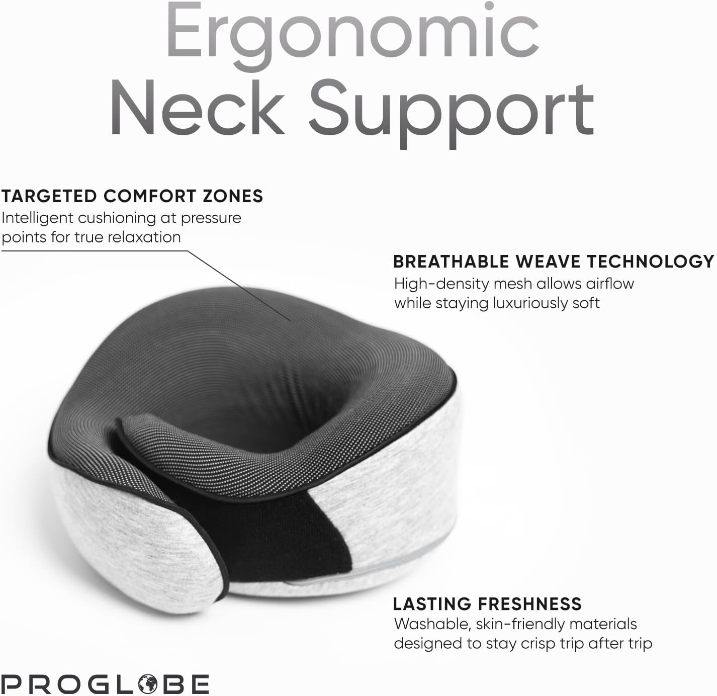 Proglobe Travel Neck Pillow for Airplanes, Long Haul Flight Kit, Grey