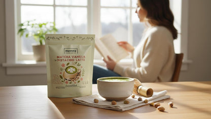 Matcha pistachio Vanilla Latte Mix – Creamy organic Green Tea Drink Powder – Hot or Iced Café Style daily Beverage 80g