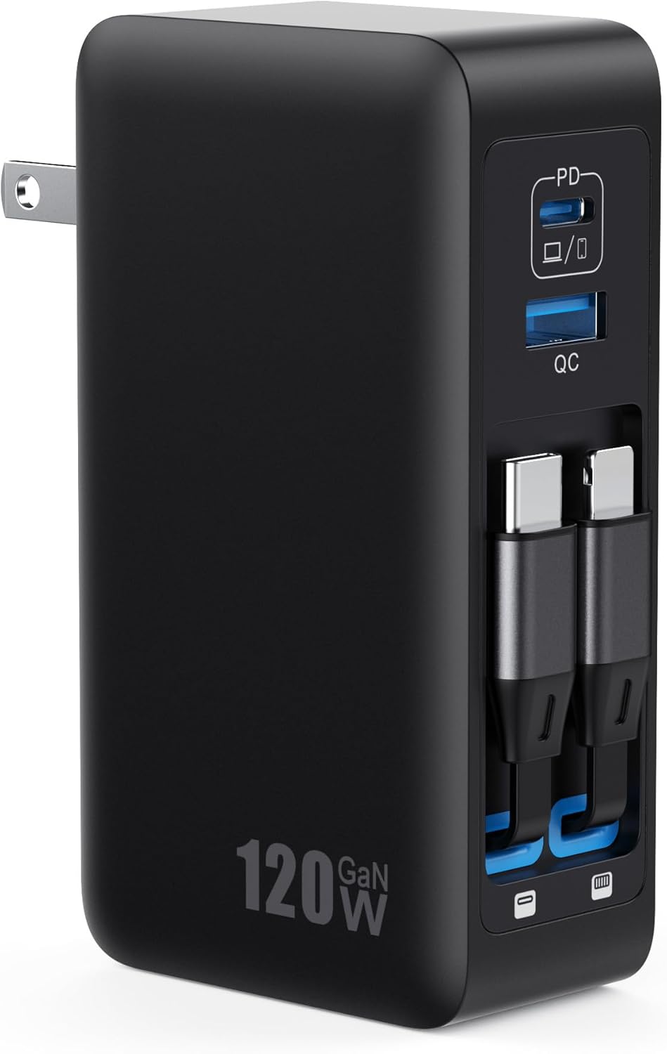 120W USB C Charger Block with 2 Built-in Retractable Cables,4-in-1 GaN IV Foldable Plug Wall Charger Fast Charging Station,PD 65W Laptop Adapter for MacBook/iPad,iPhone 17/16/15/14,Galaxy,Android etc