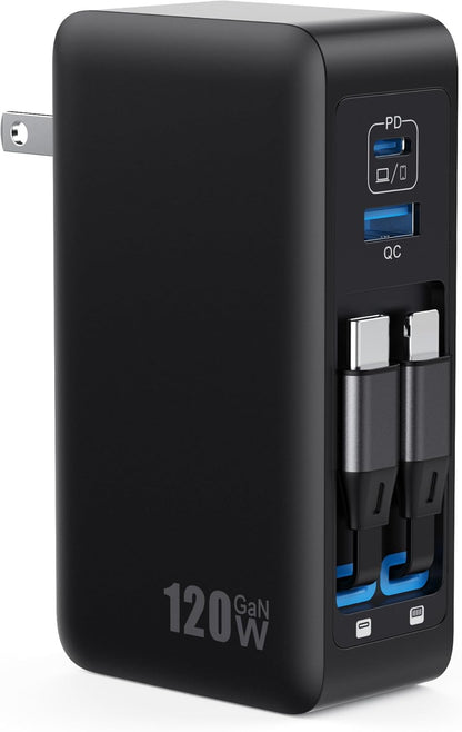120W USB C Charger Block with 2 Built-in Retractable Cables,4-in-1 GaN IV Foldable Plug Wall Charger Fast Charging Station,PD 65W Laptop Adapter for MacBook/iPad,iPhone 17/16/15/14,Galaxy,Android etc