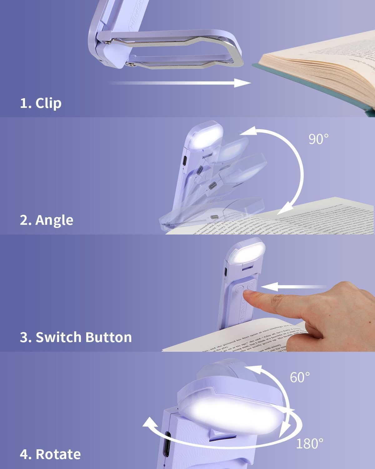 HEMONNKAM Book Reading Light, Rechargeable Clip on Booklight, Eye Caring 3 Color Temperatures & 5 Brightness Levels, Night Use for Bed, Long Lasting, Reading at Night in Bed, Purple