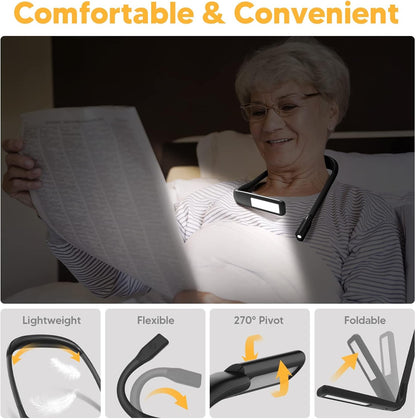 Neck Reading Light Book Lovers Gifts, Rechargeable 80Hrs Eye-friendly 3 Colors & Stepless Dimming Book Light for Reading, Christmas Stocking Stuffers for Men Women Camping Knitting Crochet Accessories