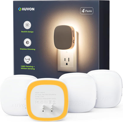 AUVON 4 X Plug-in LED Backlit Night Light with Motion & Dusk to Dawn Sensor | 2200K Soft Warm White Nightlight with 1-50lm Dimmable Brightness for Adults & Kids' Bedroom, Bathroom, Hallway