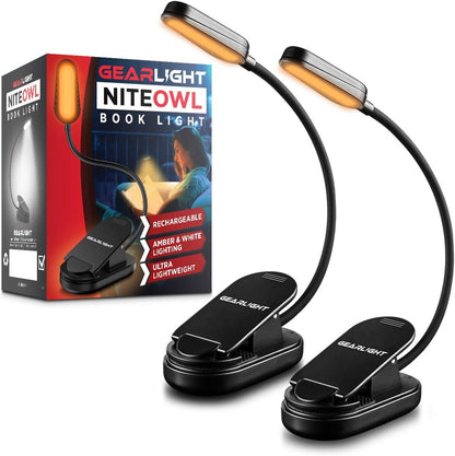 GearLight Rechargeable Book Light for Reading in Bed – Hands-Free LED Clip-on Lamp with 3 Light Modes, Adjustable Brightness, Flexible Neck Reading Light for Books, Laptops, and More – 2 Pack