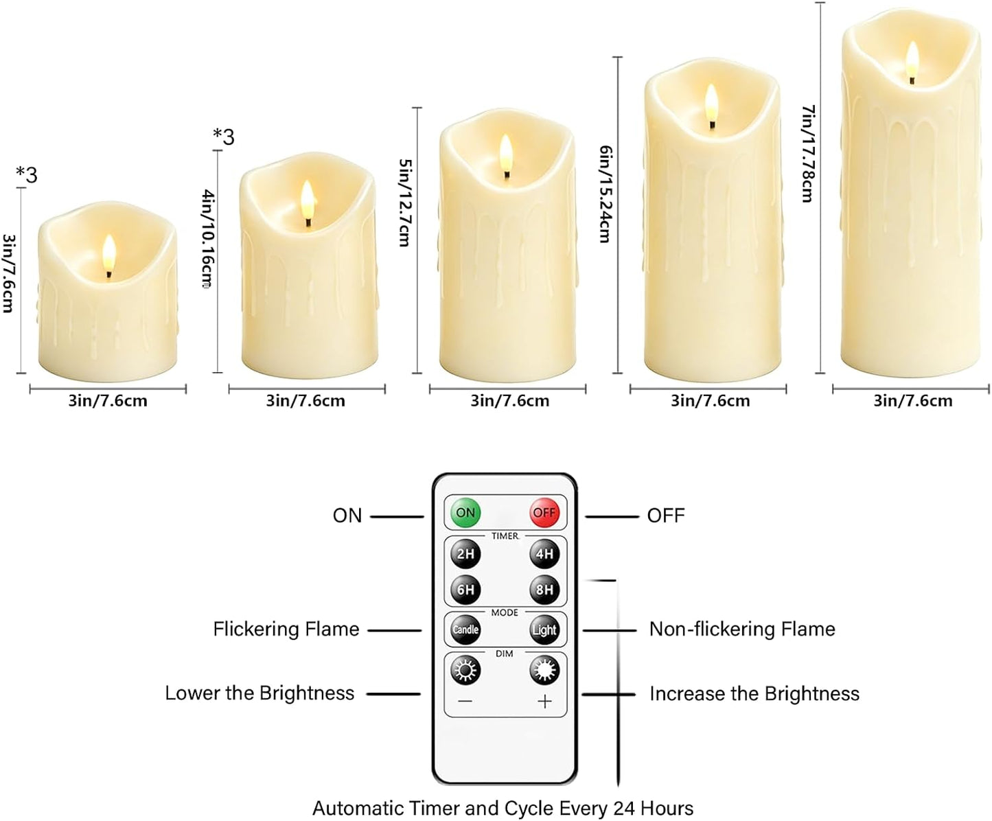 Nimiko Flameless Candles with Remote, Battery Operated Flickering Flameless Candles, LED Candles with Timer 2/4/6/8H, with Realistic LED Candles Set of 9 (D3 x H 3" 4" 5" 6" 7") (Ivory)