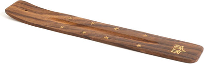 Wooden Incense Holder for Sticks with Inlays of Brass Crescent Moon 10 inches Long