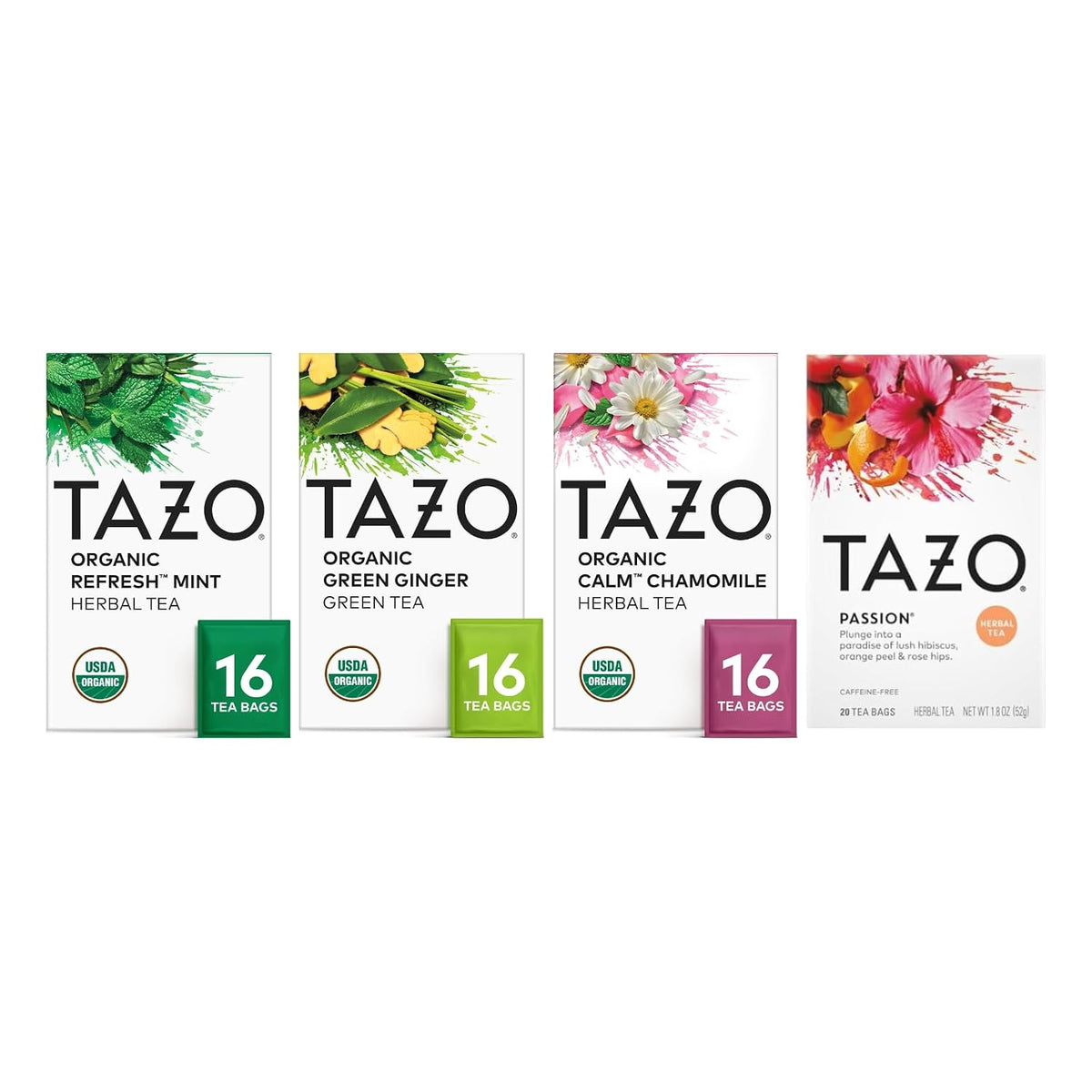 TAZO Herbal Tea Variety Pack for Relaxation, Wellness and Daily Tea Enjoyment, Refresh Mint (16), Green Ginger (16), Calm Chamomile (16) and Passion Herbal Tea (20) (Variety Pack)