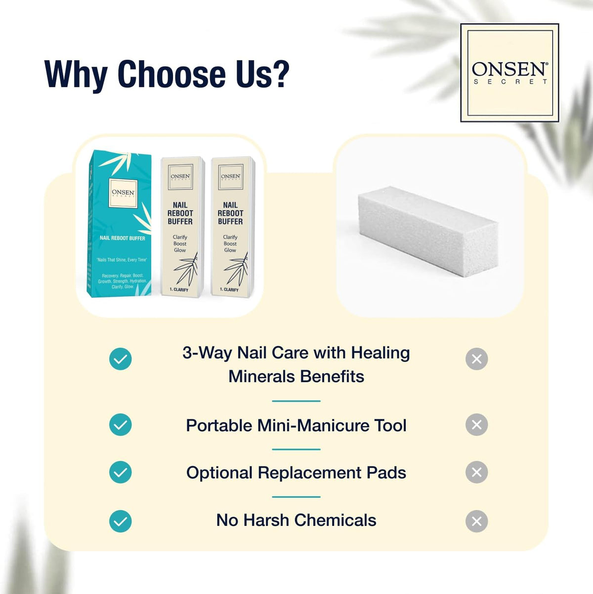 Onsen Secret Professional Nail Buffer Block | 4-Way Buffing for Natural Shine & Healthy Natural Nails - Includes 2 Extra Shine Pads, Salon-Quality, Post-Gel & Acrylic Recovery | 1 Pack