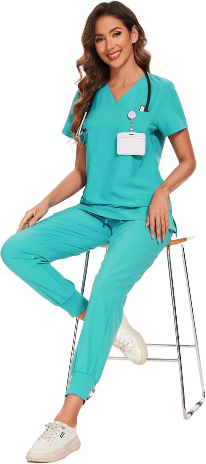 COZYFIT Scrubs for Women Set - Stretch V-Neck Scrub Top & Jogger Pant with 8 Pockets COZY SCRUBS - Colors C