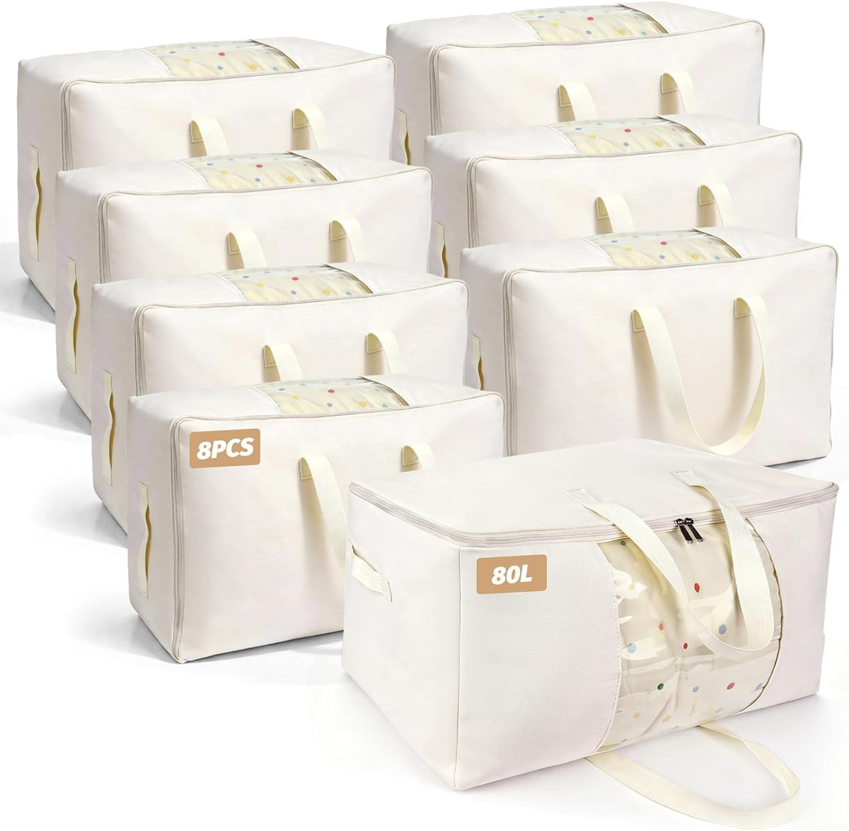 Soft Large Canvas Storage Bags with Zipper. Thick Breathable. Four Carrying Handles and Window. Cotton Linen Storage for Pillows, Quilt, Blankets and Comforter, 80L, Beige