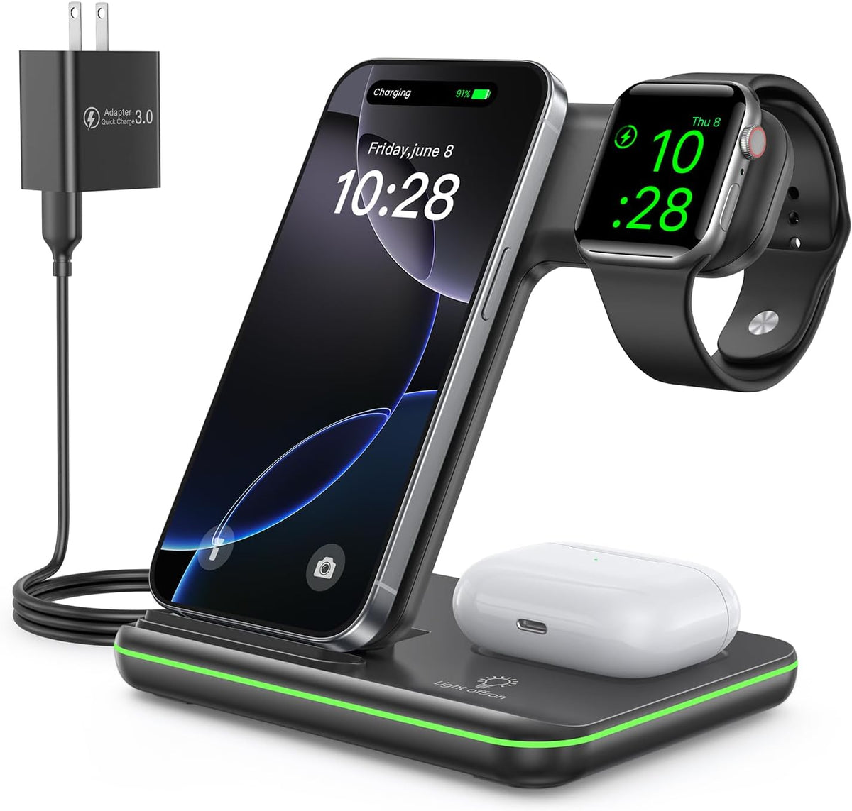WAITIEE Foldable Wireless Charger for iPhone 17 16 15 14 13 12 11 X 8, 3 in 1 Charging Station for Apple Watch & for AirPods(White)