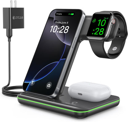 WAITIEE Foldable Wireless Charger for iPhone 17 16 15 14 13 12 11 X 8, 3 in 1 Charging Station for Apple Watch & for AirPods(White)