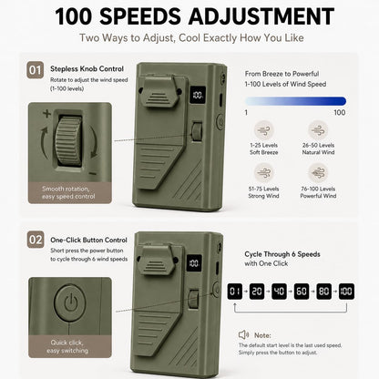 Portable Waist Fan, 100 Speed Rechargeable Belt Fan with Clip, Lightweight Personal Fan for Shirt Waist Desk Handheld Outdoor Work Travel （Olive Drab）