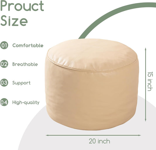 HIGOGOGO Round Stuffed Pouf Ottoman, Pu Leather Poufs with Foam Chunk Filling, Furry and Fluffy Pouf Foot Stool Storage Ottoman, 20 X 15 Floor Poufs Foot Rest for Living Room,Dark Brown