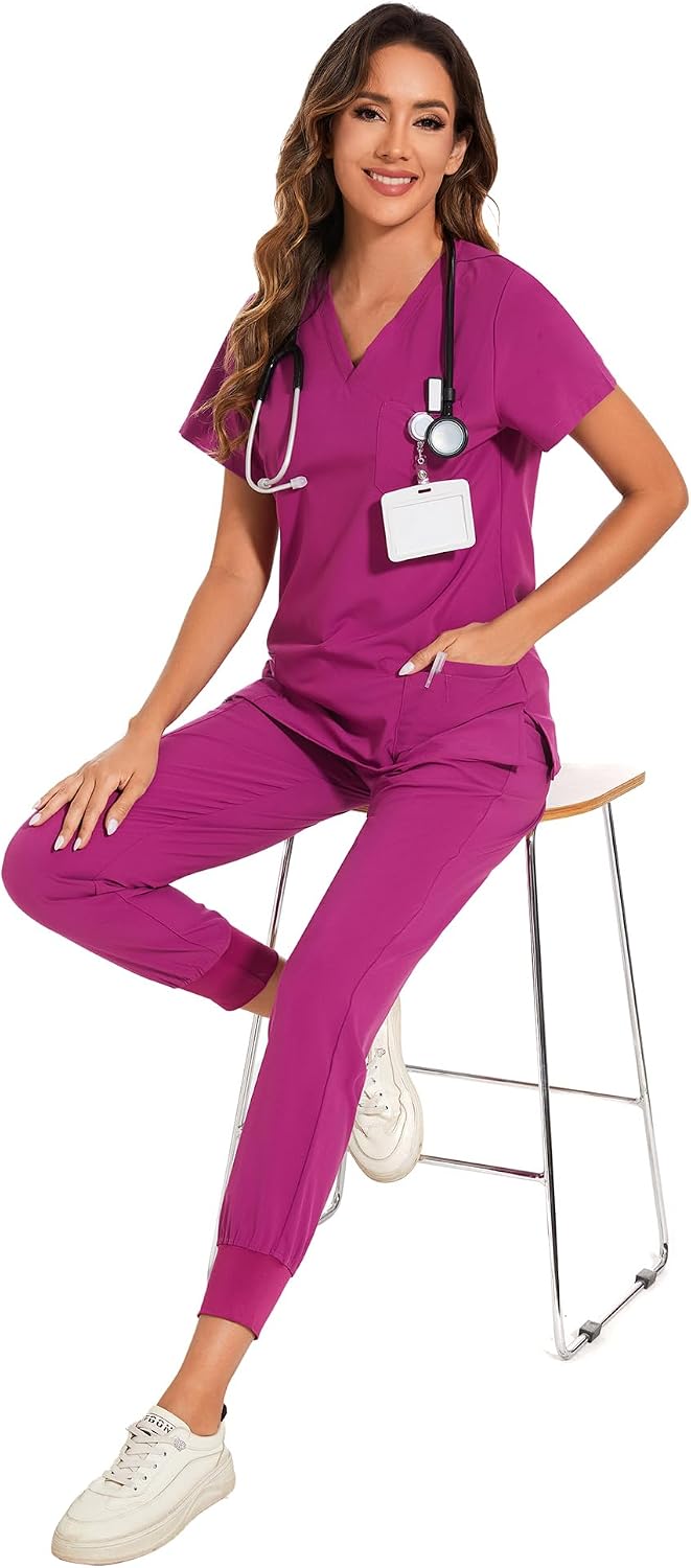 COZYFIT Scrubs for Women Set - Stretch V-Neck Scrub Top & Jogger Pant with 8 Pockets COZY SCRUBS - Colors D