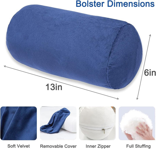 1 MIDDLE ONE Round Cylinder Bolster Pillow with Removable Velvet Cover, Tube Roll Cervical Pillow for Head, Neck, Back and Legs Support, 13"x 6", Blue