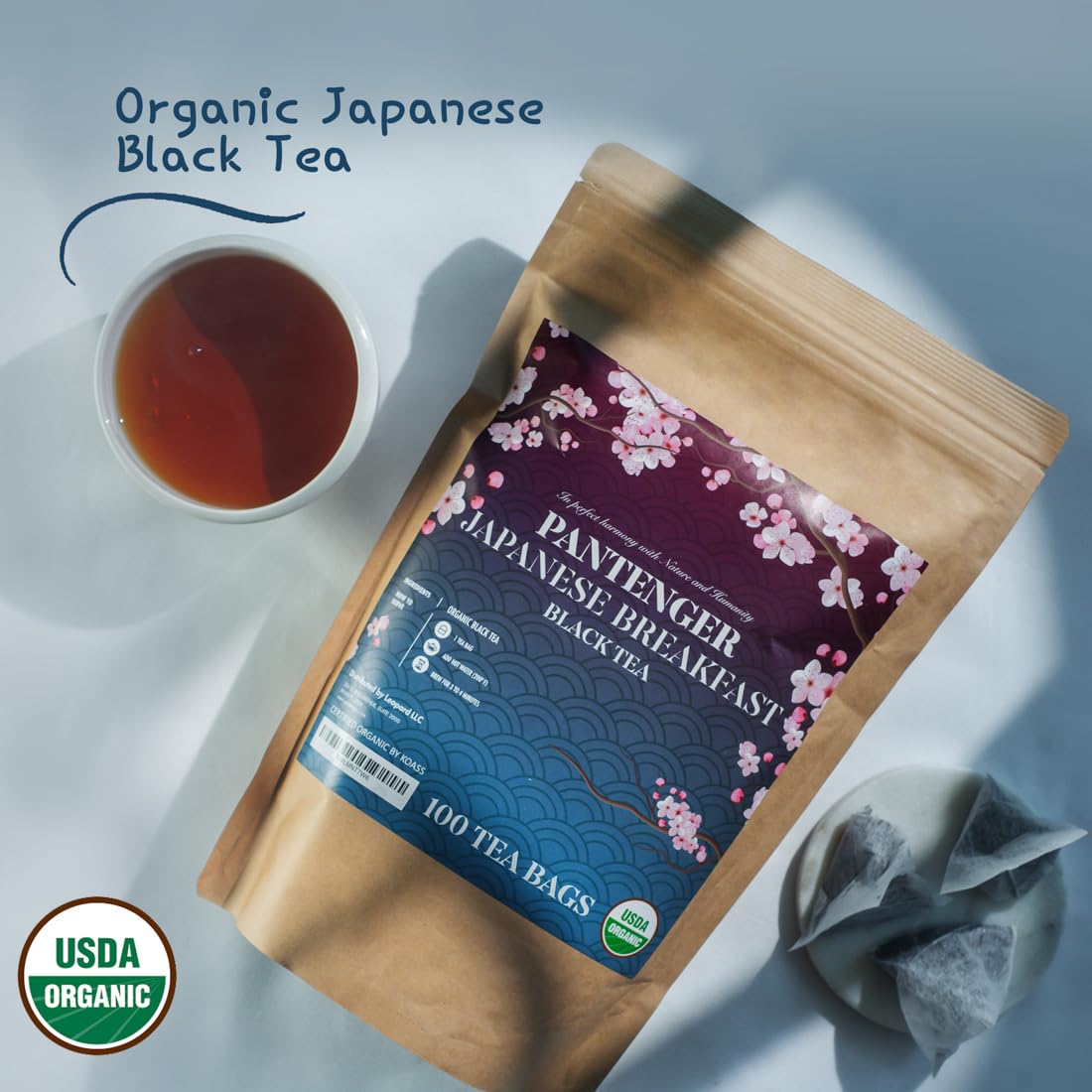 Organic Black Tea | 100 Tea Bags - Fine Japanese Breakfast Tea | Full Leaf Black Tea Organically grown in Japan, Caffeinated | By Pantenger.