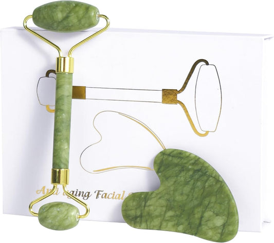 Jade Roller Gua Sha Tools - Nature Gua Sha Facial Tool Skin Tightening Face Massager Anti-Aging Jade Face Roller Puffiness Reducing Guasha Stone for Women Men（Green）