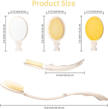 LFJ 19" Long Handle Shower Sponge Brush Set, 3 in 1 Body Brush, Bath Sponge and Lotion Applicator Improved Skin Health, Suitable for Men and Women (White Brush-1P)