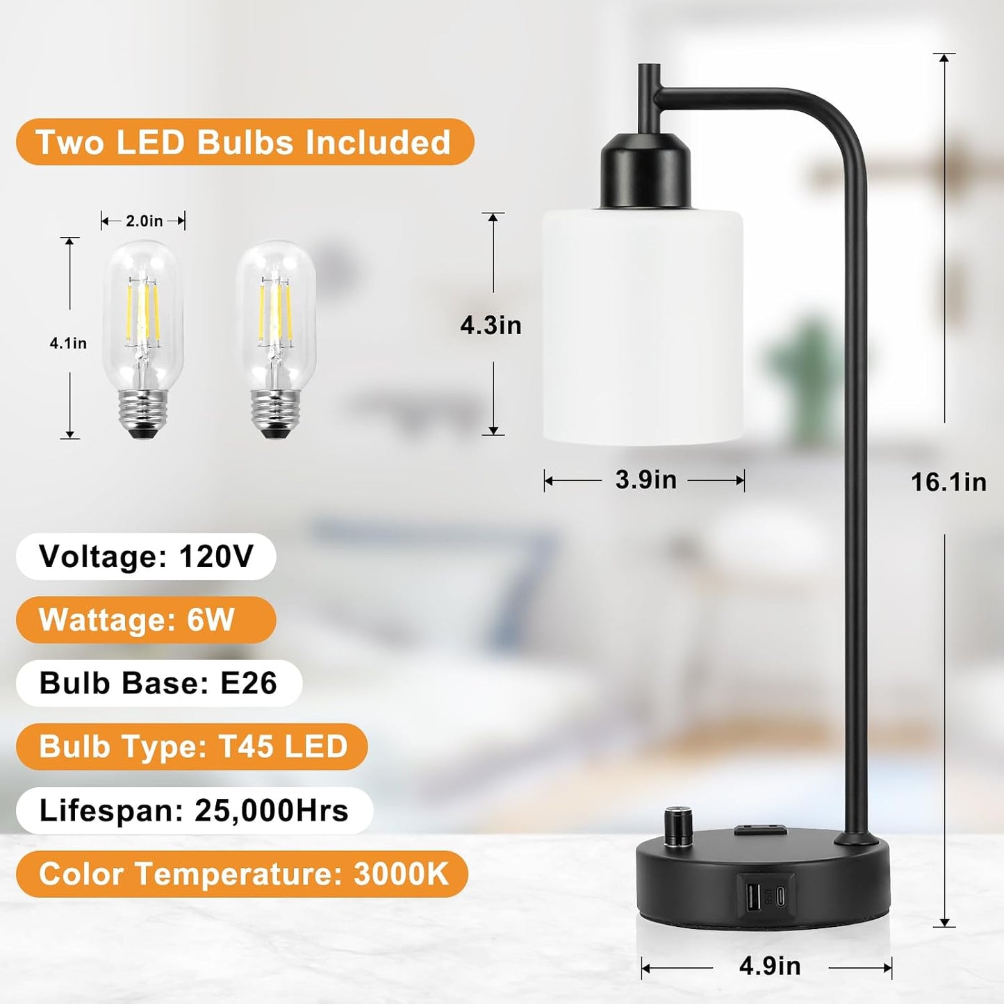 Industrial Table Lamps for Bedrooms Set of 2 - Fully Dimmable Bedside Lamps with USB A and C Ports and Outlet, Black Nightstand Lamps with Glass Shade for Living Room, Desk Lamps for Office Reading