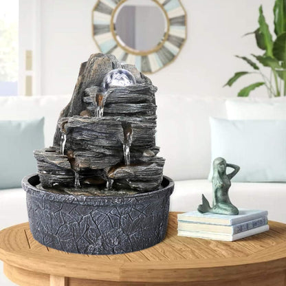 8.3” H Indoor Zen Tabletop Water Fountain, Rock Cascading Waterfall with Spinning Crystal Ball & LED Light for Home Office Decor
